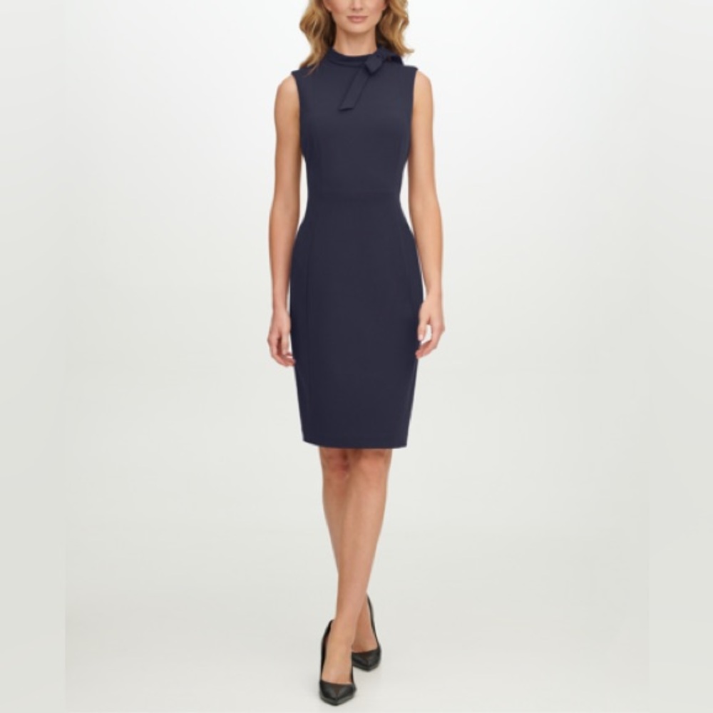 COPY - Calvin Klein Navy Blue Sheath Dress with Neck Bow Tie accent